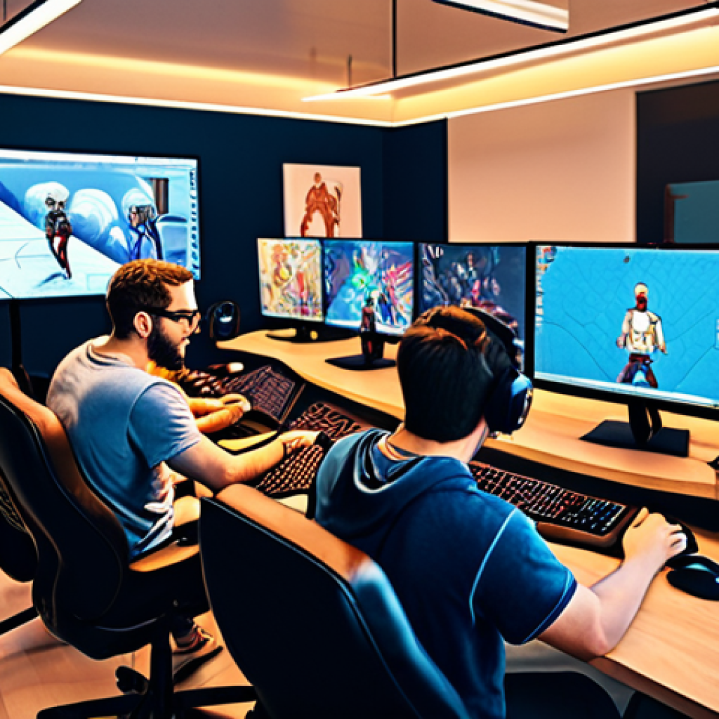 **

"A vibrant and dynamic scene depicting a team of diverse game developers collaborating in a modern studio. The foreground features a designer sketching initial character concepts for a sports game, while in the background programmers are working on complex code on large monitors. The overall atmosphere is energetic and creative, reflecting the journey from initial idea to a tangible game design."

**