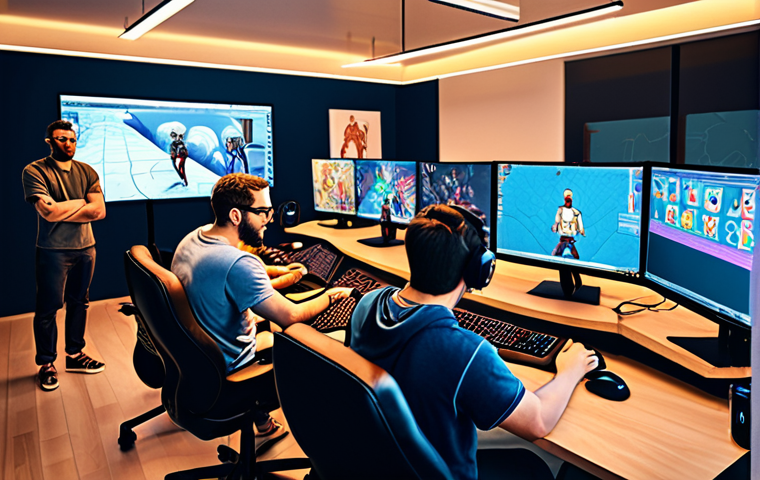 **
"A vibrant and dynamic scene depicting a team of diverse game developers collaborating in a modern studio. The foreground features a designer sketching initial character concepts for a sports game, while in the background programmers are working on complex code on large monitors. The overall atmosphere is energetic and creative, reflecting the journey from initial idea to a tangible game design."
**