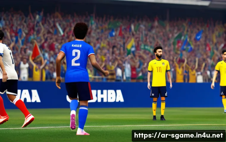 스포츠게임의 몰입감 증대 방법 - Ultra-realistic 4K resolution scene of a soccer stadium during a dynamic match, featuring detailed p...