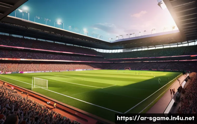 위닝일레븐 최신버전 소개 - A hyper-realistic football stadium scene during an intense match, showcasing detailed player express...