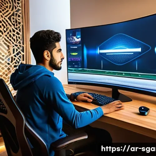 Home 33 스포츠게임 서버 접속 문제 해결 - A modern Middle Eastern home gaming setup featuring a young Arab man seated at a sleek desk, intense...