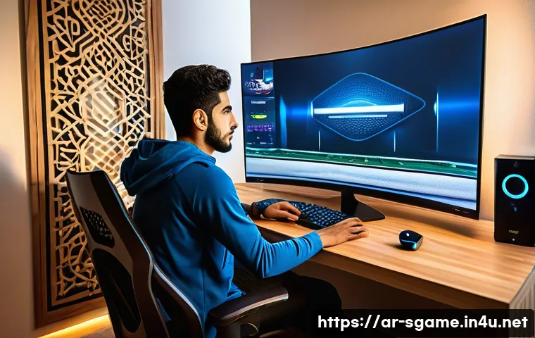 스포츠게임 서버 접속 문제 해결 - A modern Middle Eastern home gaming setup featuring a young Arab man seated at a sleek desk, intense...