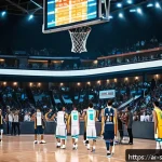 Home 19 NBA 2K 시리즈 성공 이유 - A hyper-realistic basketball arena filled with an enthusiastic Arabic crowd waving flags and wearing...