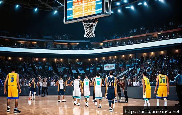 NBA 2K 시리즈 성공 이유 - A hyper-realistic basketball arena filled with an enthusiastic Arabic crowd waving flags and wearing...