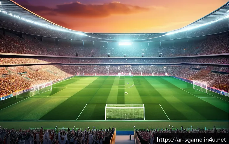 스포츠게임 개발자 강연 - A vibrant digital illustration of a realistic Arabic football stadium filled with enthusiastic fans ...
