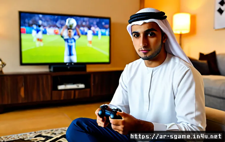 스포츠게임 스토리 모드 탐구 - Photorealistic cinematic scene of a young Arab football fan in modest casual clothing seated in a wa...