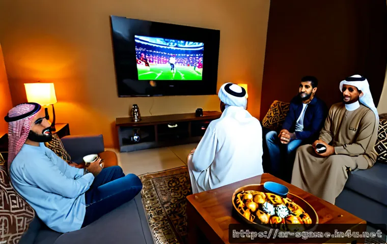 스포츠게임과 스포츠 문화의 융합 - Photorealistic wide-angle scene of a modern Arab family and friends in modest casual clothing gather...